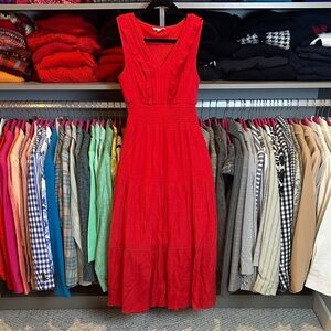 Kings Road red sleeveless v neck smocked waistband lined midi dress size S